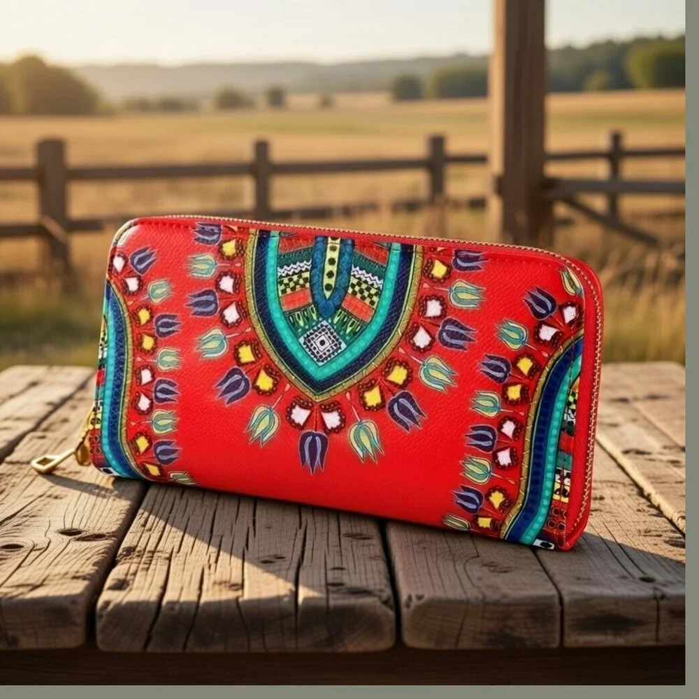 Dashiki Print Zip Around Wallet Clutch Tribal Boho Festival Ethnic Travel Bag - Picture 1 of 12